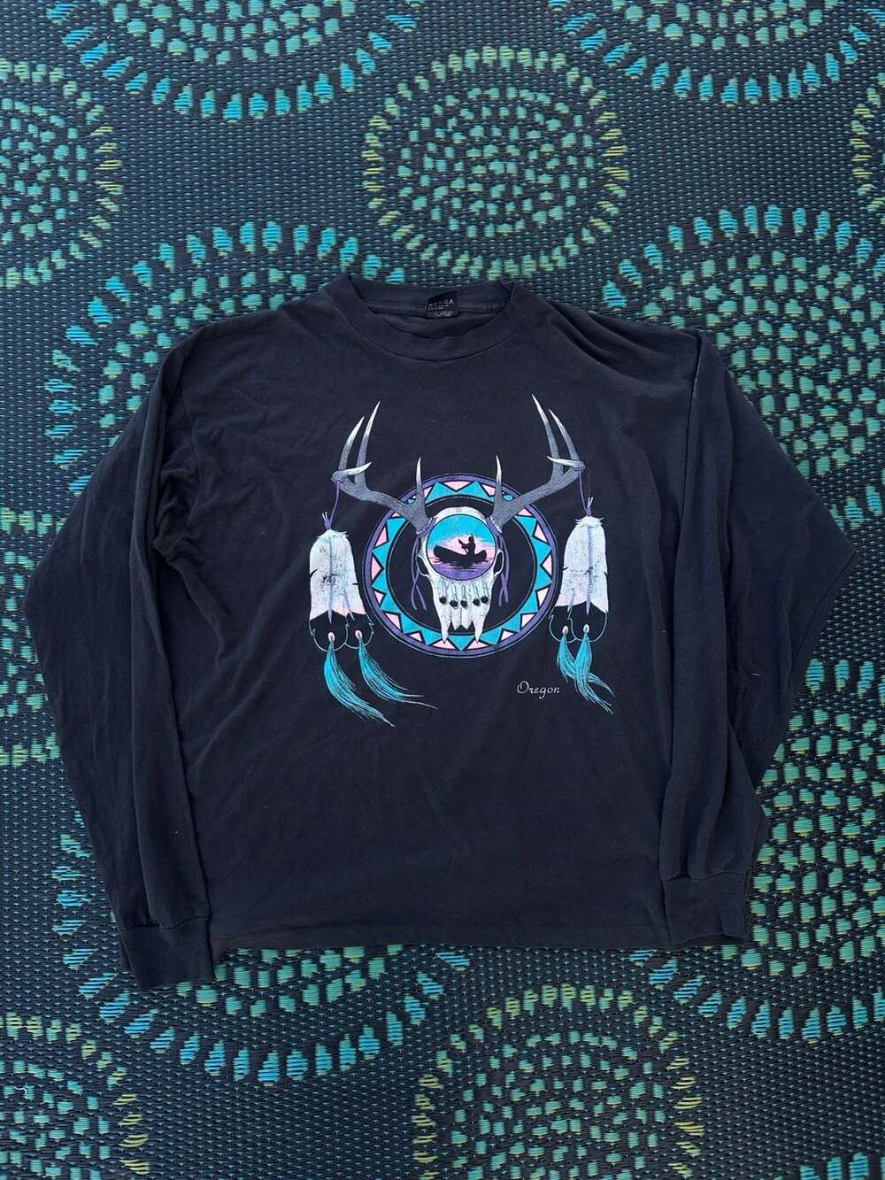 Vintage Oregon Deer Skull Print Long Sleeve T-Shirt Black L